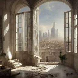 Living room with a big full wall window view on mediterranean Metropolis , white Beaux Arts architecture,interior design,point of perspective,by Jean Baptiste Monge, Epic cinematic, brilliant stunning, intricate, meticulously, detailed, dramatic atmospheric, maximalist digital matte painting