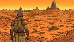 Desert warrior from behind looking at a city in the distance, comic style