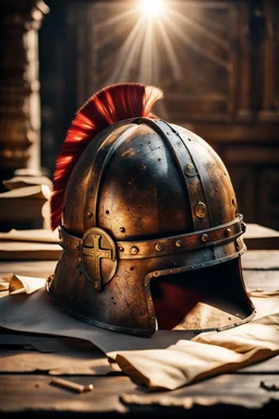 The Roman centurion's helmet lies on an old cracked wooden table. Next to the helmet, on the table, lies a cross on a string and a scroll of parchment. A ray of sunlight reflects off the helmet. All around is the entourage of ancient Rome. High quality image in 8K