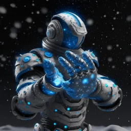 A battle suit made of galaxies and stars with a glove that has seven endless stones