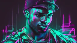 Hyper Realistic Glitched Sketch of Muscular Handsome Male Hip Hop Artist on a neon paper with dark futuristic background