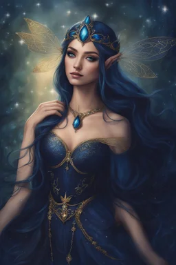 Midnight blue,Dark blue hair,night,dark fairy princess ,elven crown,elven ears,sparkle,glitter,gold armor,dragonflies,rapunzel hair,water lilies