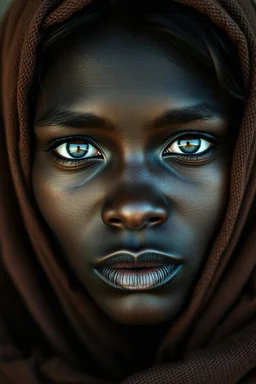 a photorealistic portrait of a stunningly beautiful dark skin woman without make-up, extremely detailed light hazel eyes, detailed symmetric realistic face, natural skin texture, extremely detailed skin with skin pores, peach fuzz, messy hair, wearing shawl over her head, masterpiece, absurdres, award winning photo by lee jeffries, nikon d850 film stock photograph, kodak portra 400 camera f1.6 lens, extremely detailed, amazing, fine detail, rich colors, hyper realistic lifelike texture, dramatic
