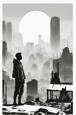 man, standing, silhouette, comic book,post-apocalypse, white background,