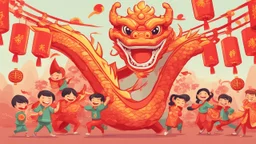 fantasy cartoon style illustration: chinese new year celebration dragon dance