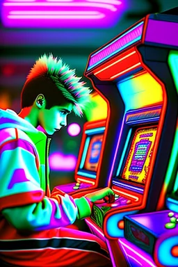 a millineal teenage boy is playing video arcade games, bright colored clothes from the 90s, hairstyles of that time