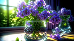 Surreal lilac glass flowers, ultra detailed, ultra realistic, extremely realistic, intricate, photorealistic, epic composition, masterpiece, beautiful landscape, sunlight