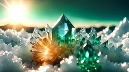 paesaggio di topazi smeraldi cristalli, luccicanti bianchi sole nascente brillante alta definizione 8k