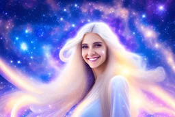 very beautiful cosmic women with white long hair, smiling, with cosmic dress and bright earings. in the background there is a bautiful sky with stars and light beam