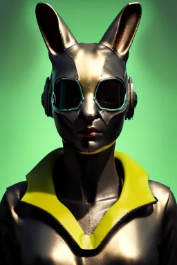 Medium Close Up Portrait, Front image. cyberpunk, rabbit mask, british woman, titanium hair. Latex suit army. Yellow, red, color. Rocketer style. Color background, photo studio. Avatar image, highly detailed, concept art, smooth, unreal engine 5, ray tracing, RTX, lumen lighting, ultra detail, volumetric lighting, 3d, finely drawn, high definition, high resolution.