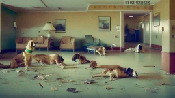 shoddy motel lobby with dogs pooping everywhere