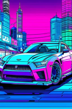 coloring page, customized Nissan GT-R with neon lights driving through a city . , ALL CAR VIEWED. cartoon style, thick lines, few details, no shadows, no colors, centered in the image