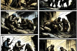 Masterpiece1:5)(Fineart), (award-winning:1.5), highest quality, war journalism, ink and colored pencil sketch of photocollage (by Gustave Doré, Jan Saudek:1.5),(Eastern Ukraine:(panel one:the moment after a battle ends, horrors of war, wounded men),(2nd panel, cinematic shot of men sitting in trench with 1000 yard stare (focus on their eyes:1.5)),(the third panel shows troops tired but hyper alert), (the fourth panel shows the sky is filled with incessant, fire and smoke everywhere,)