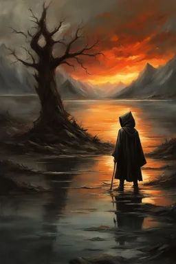 A formidable warrior-a 10-year-old boy in a black robe with a hood, on the background Amazing gloomy landscape, flooded with sunset, mountains, trees, fabulous scary hero, , juicy emotions, painting, dark fantasy, bad weather, gloomy day, dark world, by Raymond Swanland & Alyssa Monks & Anna Razumovskaya