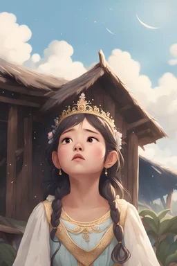 seorang putri yang sedang menangis di depan sebuah gubuk dan sambil melihat ke langit