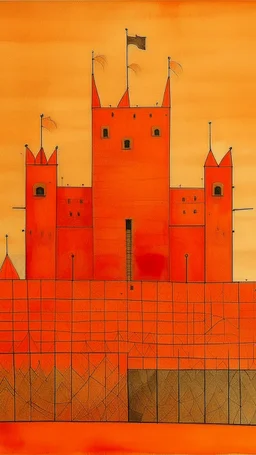 An orange colored fortress with swords painted by Paul Klee