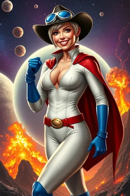 Karen Starr, full body, young athletic white female, crew cut bleach-blonde hair, thin, blue goggles, black cowboy hat, semi-pointed chin, muscular build. Wearing white long-sleeved bodysuit with high collar with plunging neckline, blue elbow gloves, red belt with gold buckle, red cape, blue knee boots. Big smile. Background: outer space, planets, stars, galaxies, fire, explosions, volcanic lava, craggy peaks. Photorealistic