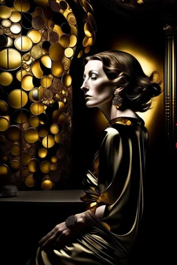 Create a conceptual photograph of a female figure, SALVADOR DALI STYLE MIXED WITH GUSTAV KLIMT STYLE AND TAMARA DE LEMPICKA STYLE, 3/4 SIDE VIEW, SILVER, GOLD, BLACK COLORS in a contemporary setting, incorporating provocative, thought-provoking elements. The image should demonstrate the confidence, strength and vulnerability of the subject. Consider using symbolic objects, abstract shapes, or artistic expressions that convey a strong message. The style and lighting should be modern, avant-garde