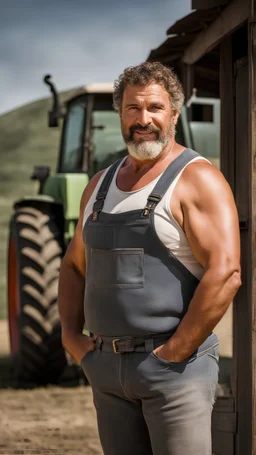 half figure photography of a burly beefy overweight muscular sicilian farmer 47 years old, sweat, near a tractor, short curly hair, short white beard, manly chest,crossing arms, in tank top with dirty tank top and bulging shorts, near the door of a large barn, shy smile, under the sun, photorealistic, side light