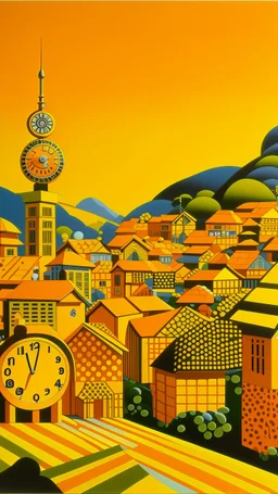 A golden yellow Japanese village with mystic clocks painted by Victor Vasarely