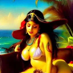 Drawing of beautiful face busty pirate woman,sweet stare,tropical beach,treasure map, parrot pet,ancient leather armor, balanciaga fashion clothe painting by gaston bussiere, greg rutkowski, yoji shinkawa, yoshitaka amano, tsutomu nihei, donato giancola, tim hildebrandt, oil on canvas, cinematic composition, extreme detail,fit full head inside picture,16k