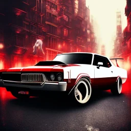 fish eye lense, spray paint art, long shiny flat red and white muscle car in motion, man in suit with big machine guns and great style,bullets flying, evening, seen from balcony, dirty city alley, heist action, book cover