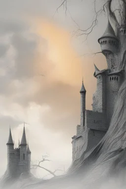 surrealis monochrome A fragmented, surreal sculpture liguid color of photorealistic image 3d,psychedelic art of an castle glossy emerging from dreamlike a crumbling building. The face appears pale with deep cracks and intricate details, evoking a haunting expression. Blackened tree branches intertwine with the gold mengkilat cracks, set against a backdrop of stormy, cloud-filled skies. bauhaus art The overall tone is dark and moody, suggesting themes of decay and transformation.