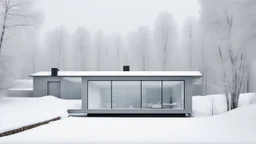 Modern and minimalist house in a winter environment is light gray, with vertical siding that gives it a subtle texture. There are small rectangular windows and a visible door, all emitting warm light from the inside. The house is situated in a snowy landscape, with several bare trees scattered around, suggesting that it is winter or a cold region.