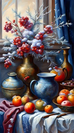 冬季静物，油画素描，完美无暇，让.巴蒂斯特·蒙格油画作品，专业标准。 非常有吸引力 幻想 高度详细 丰富多彩 美丽 优雅 获奖