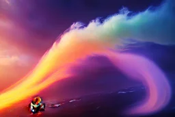 precise digital photo of a rgb random multicolour tornado made of smoke particles, over a stormy ocean, high waves colliding with the smoke, foam, intricate, 8k, extremely detailed, cgi, hyperrealistic render, volumetric lighting, impressive volumetric clouds, vitality colors, double precision