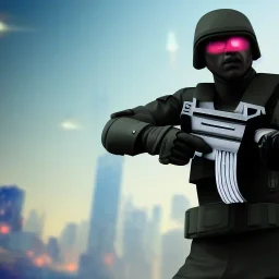 Futuristic Soldier Fighting in a Futuristic city