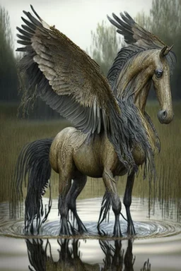 Swamp winged horse ,realistic, intricate