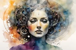 an ink wash and watercolor portrait of the inner workings of the cosmic clockwork mind as she wonders at her own existence , Tracy Adams , Gabriel Pacheco , Douglas Smith , Bill Sienkiewicz, and Jean Giraud Moebius , vibrant natural color, sharp focus, ethereal and filled with wonder