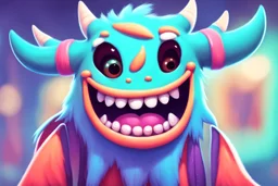 closeup on face of cute character with fur, horns and big toothy grin, peculiar character style, cute monster, skater art