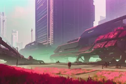 city, flowers, trees, sunny day, spring, sci-fi, cyberpunk influence