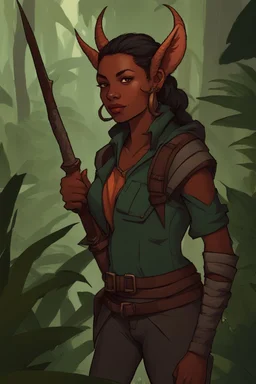 A DnD character. A female horned Tiefling ranger with pointy ears standing in a jungle. The Tiefling has a little pterosaurs on her shoulder and a rapier in her hand.