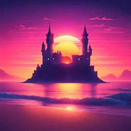 castle of sand in a beach, synthwave picture style with light pixel, the sunset on the horizon, with a big sun