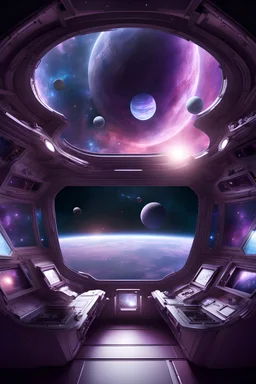 Deep Space Odyssey: Expanding the view to a wide shot, the scene outside the spaceship's large windows is a breathtaking deep space spectacle. A purplish solar system, with its celestial bodies and nebulae, serves as a mesmerizing backdrop, creating a sense of serene exploration. This cosmic panorama complements the interior's chill atmosphere, making it an ideal setting for a lofi chill radio station background