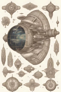 A renaissance-era space ship seen from the side, the space ship is covered in ornate symbols and in space