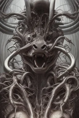 a very insane outrageous portrait of a cow in (H.R giger) style with lots of alien tenticles, being held at gun point in a grungy toilet::26 from new york subway