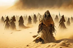 An army in the desert, destroyed by a sandstorm, is an ancient Persian army. Thrown on the ground. defeated. The army is old with an old Islamic character