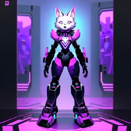 a fox fursona, darker colors, master quality, backlighting, soft lights, full body portrait, in frame, 8k, furry, fur, black and purple color pallet, robotic enhancements, cyberpunk, anthropomorphic