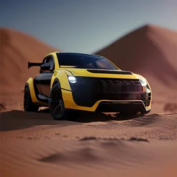 3d rendering. futuristic black yellow car. Buried in desert sand. Lost in Time, cinematic lighting