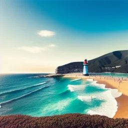 fullbody Drawing of 'beutiful beach, clouds, lighthouse,sunny day',intricate detail,andrea bonelli,Kilian Eng,Ohrai,evan lee,Aleksandr Sidelnikov,KyuYong Eom,three quarters frontal aerial view,toned colors,16k