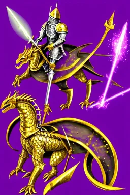 medieval Knight in golden jeweled armor vs dragon, violet color, high detail, sorcery, sparks, mechanical, plasma, treasure, weapons, slithery, legendary