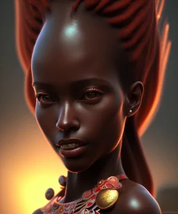 Negra Francisca, cute, beautiful, African, red dress, head and shoulders portrait, 8k resolution concept art portrait by Greg Rutkowski, Unreal Engine 5 volumetric lighting, long hair, brown eyes, black hair, clean face