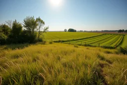 a short wild grass clearing next to an ideal farm field, sunny day, product photo setting, mid-level horizon, low drone photo