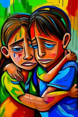 a girl hug her brother and both crying sadly, expressionism, Pixar style, in abstract art Basquiat, Picasso, Miro, Kandinsky, Klee, Birell, Fairey, Ardon, Buffet aand Picasso style, HD --s 750 --v 5.1 --style raw, water color