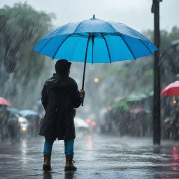 he has an umbrella under the rain