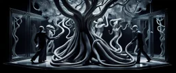 Some well dressed coths figures fighting to contain energy from floating chtonian glowing snakelike transparent moist tree made by twisted snakelike sticks creating weird geometric form in dramatic scene in luxury parlour in the style of Giger and Escher